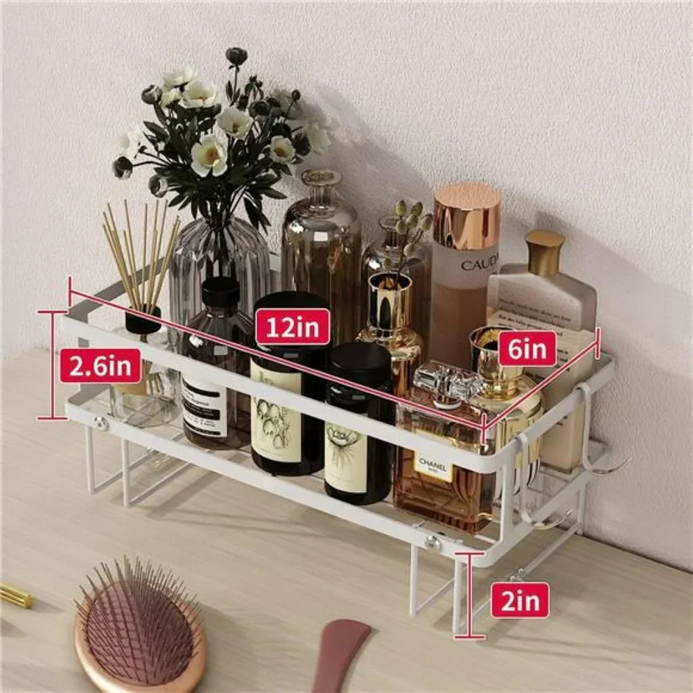Bathroom Shelf with 2 Hooks, Freestanding & No Drilling Design, (White, 1-Tier)